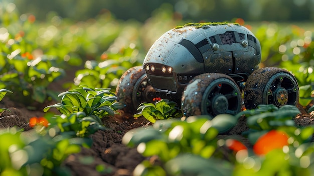 Foto carro de brinquedo em miniatura com controle remoto em campo de morango tecnologia e conceito de agricultura