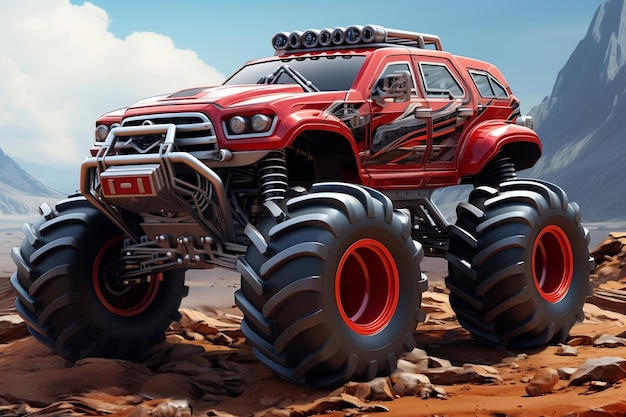 Carro de brinquedo off road de metal vermelho com IA generativa de rodas grandes e monstruosas