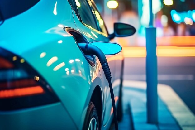 Foto carro de carregamento de veículo elétrico ligado a uma estação de carregamento