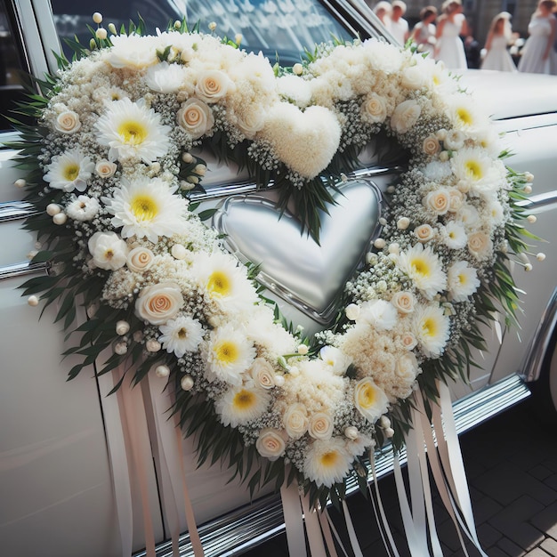 carro de casamento decorado com um coração de flores brancas