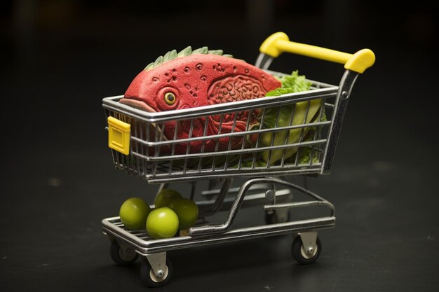 Foto carro de compras em miniatura e carne peixe legumes e frutas são desenhados em giz em um quadro preto