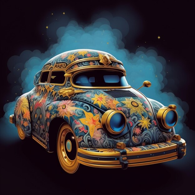 Foto carro de cores brilhantes com desenho ornamentado no capô e capô generativo ai