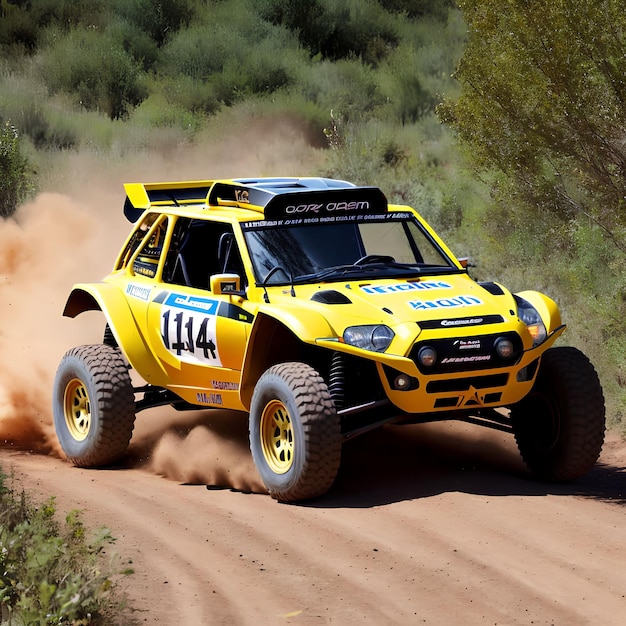 Foto carro de corrida de rally em arte generativa de estrada de terra por ia