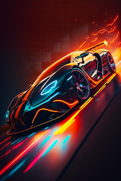 Carro de corrida futurista com luzes de neon ao lado da pista de corrida Generative AI