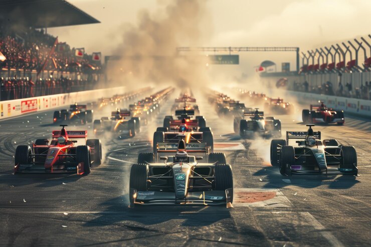 Foto carro de corrida se move a alta velocidade ao longo da pista de corrida com alta velocidade e fumaça aig