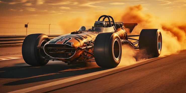 Foto carro de corrida vintage com rodas abertas com pneus slick grandes realiza burnout no evento de corrida de fórmula conceito carro de corrida vintage formula racing burnout slick tires high speed