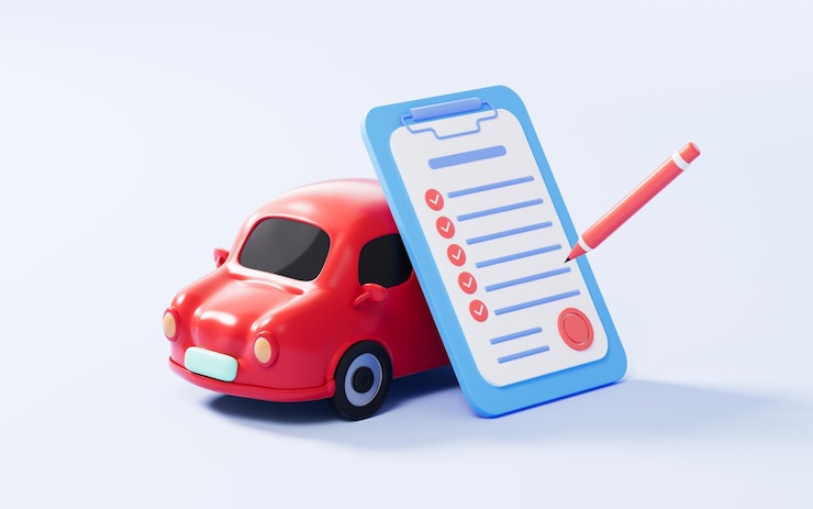 Foto carro de desenho animado e contrato na renderização 3d de fundo azul