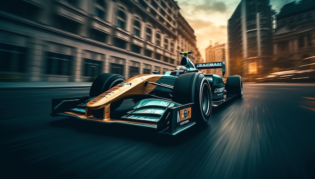 Carro de F1 em movimento no centro da cidade