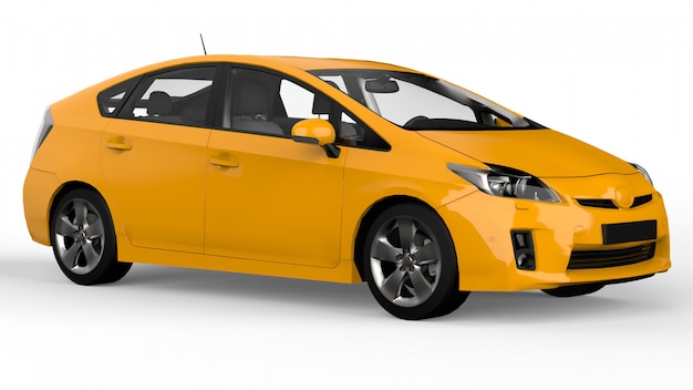 Carro de família híbrido moderno amarelo com uma sombra no chão. renderização em 3d.