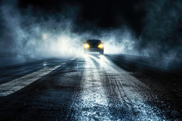 carro de fuga estrada de meia-noite ou beco com um carro afastando-se à distância estrada de asfalto húmido névoa ou beco crime conceito de atividade à meia-naite