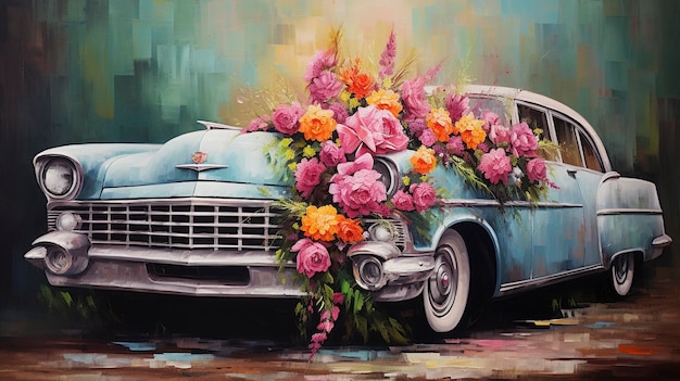 Carro de fuga romântica com pintura a óleo de flores