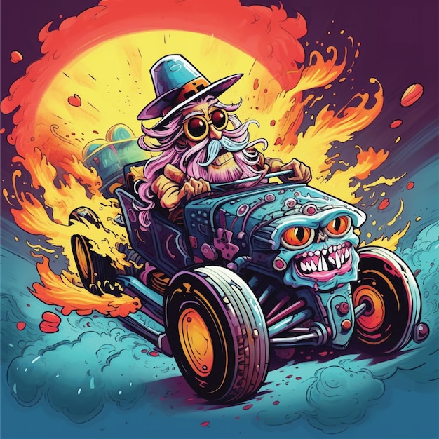 carro de hotrod com ilustração de vetor de fogo