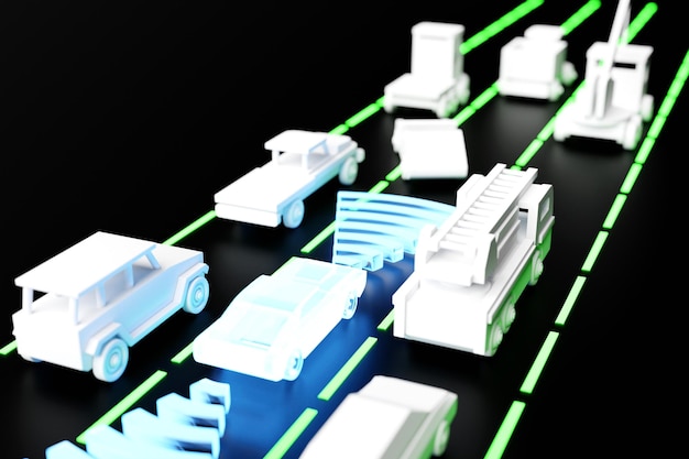 Carro de ilustração 3d com distância segura com fluxo automático o conceito de um carro de alta tecnologia com um veículo não tripulado veículo automotor