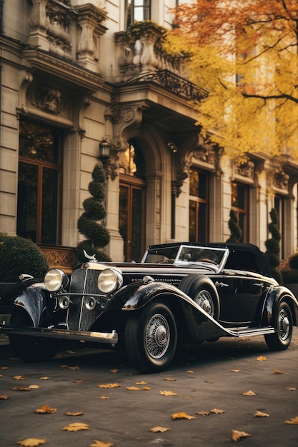 carro de luxo clássico retrô vintage na entrada de uma mansão