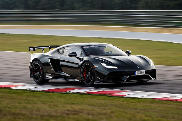 Foto carro de luxo em uma pista de corrida de alto desempenho passando em alta velocidade