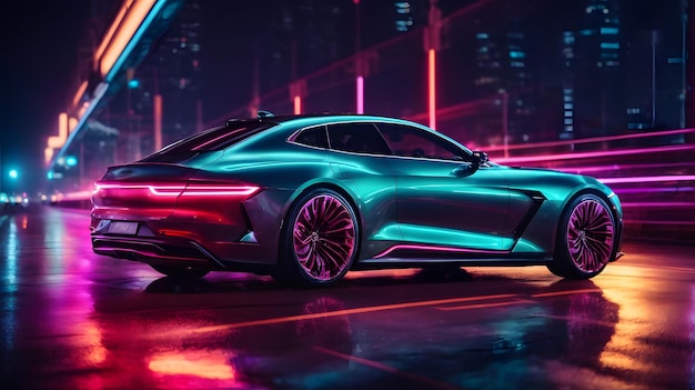 Carro de luxo futurista na auto-estrada de néon Aceleração poderosa de um carro premium com luzes coloridas
