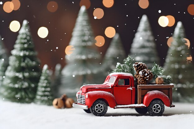 Carro de Natal vermelho, caminhão de Natal, brinquedo, presentes de Natal, carro de Natal vintage, símbolo de Natal, férias de inverno.