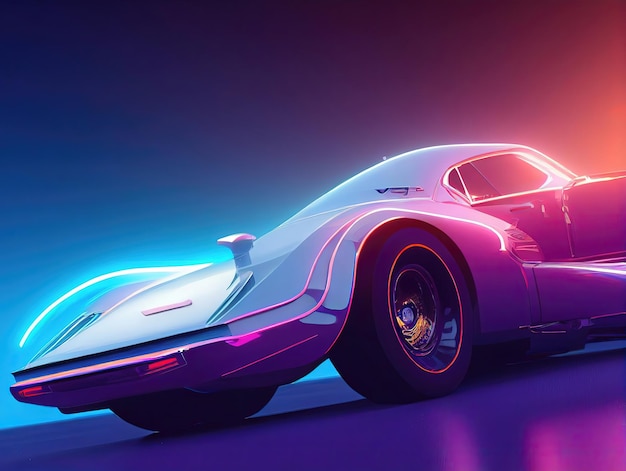 Carro de onda de sintetizador de onda retrô futurista Carro esportivo retrô com contornos de luz de fundo neon