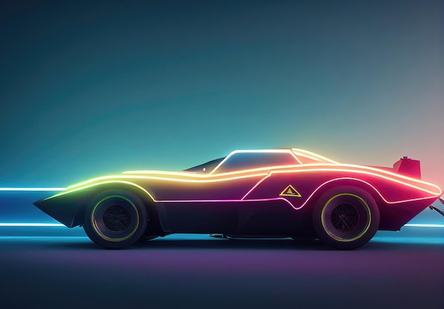 Carro de onda de sintetizador de onda retrô futurista Carro esportivo retrô com contornos de luz de fundo neon