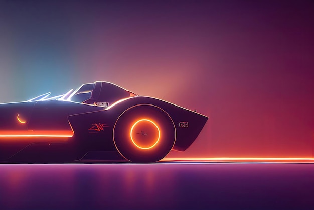 Carro de onda de sintetizador de onda retrô futurista Carro esportivo retrô com contornos de luz de fundo neon