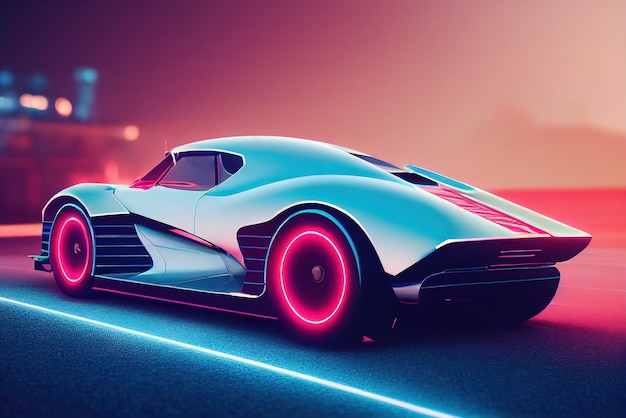 Carro de onda de sintetizador de onda retrô futurista Carro esportivo retrô com contornos de luz de fundo neon