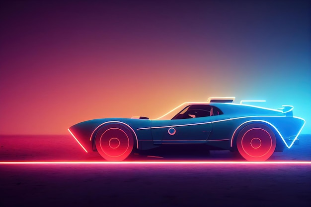 Carro de onda de sintetizador de onda retrô futurista Carro esportivo retrô com contornos de luz de fundo neon