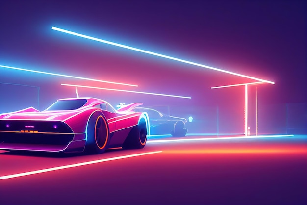 Carro de onda de sintetizador de onda retrô futurista Carro esportivo retrô com contornos de luz de fundo neon