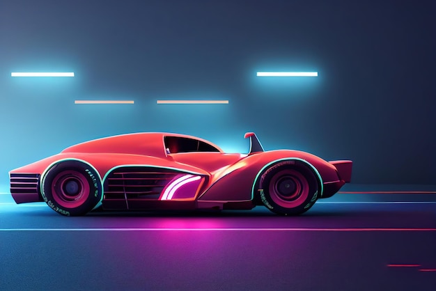 Carro de onda de sintetizador de onda retrô futurista Carro esportivo retrô com contornos de luz de fundo neon