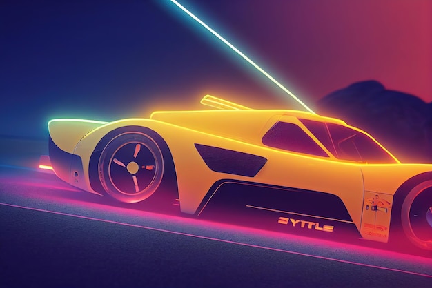 Carro de onda de sintetizador de onda retrô futurista Carro esportivo retrô com contornos de luz de fundo neon