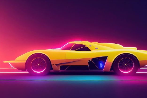 Carro de onda de sintetizador de onda retrô futurista Carro esportivo retrô com contornos de luz de fundo neon