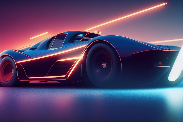 Carro de onda de sintetizador de onda retrô futurista Carro esportivo retrô com contornos de luz de fundo neon