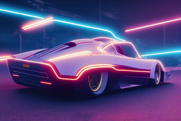 Carro de onda de sintetizador de onda retrô futurista Carro esportivo retrô com contornos de luz de fundo neon