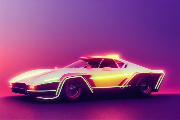 Carro de onda de sintetizador de onda retrô futurista Carro esportivo retrô com contornos de luz de fundo neon