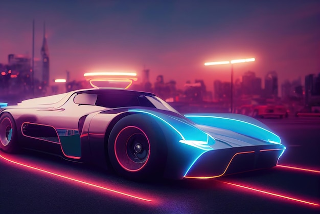 Carro de onda de sintetizador de onda retrô futurista Carro esportivo retrô com contornos de luz de fundo neon