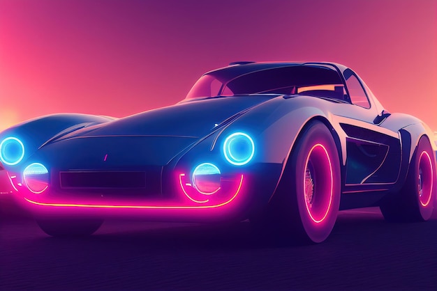 Carro de onda de sintetizador de onda retrô futurista Carro esportivo retrô com contornos de luz de fundo neon