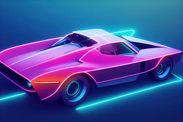 Carro de onda de sintetizador de onda retrô futurista Carro esportivo retrô com contornos de luz de fundo neon