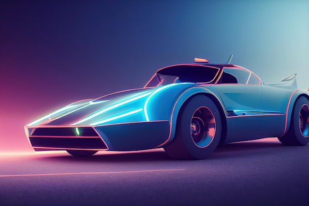 Carro de onda de sintetizador de onda retrô futurista Carro esportivo retrô com contornos de luz de fundo neon