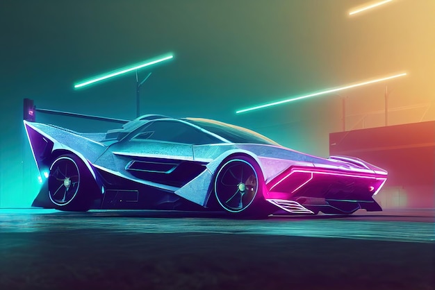 Carro de onda de sintetizador de onda retrô futurista Carro esportivo retrô com contornos de luz de fundo neon