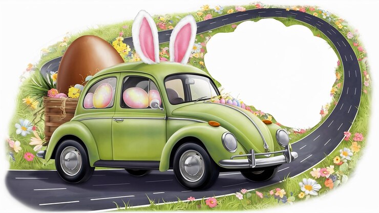 Foto carro de páscoa verde com ovo castanho e espaço de cópia