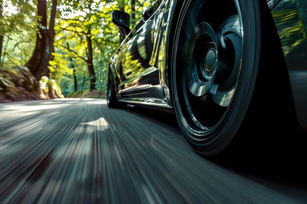 Foto carro de pneus de perto está acelerando por uma estrada com árvores no fundo ai generativo