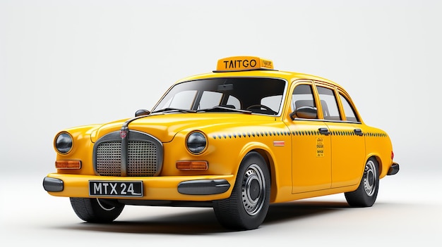 Carro de táxi amarelo com sinal de telhado em fundo branco