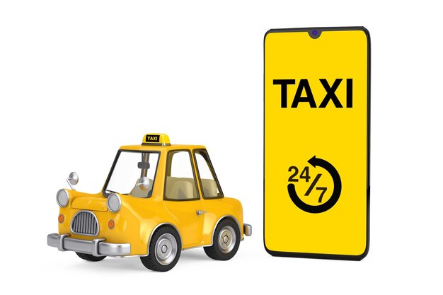 Carro de táxi amarelo dos desenhos animados perto do telefone móvel moderno com aplicativo de serviço de táxi 247 em um fundo branco renderização em 3d