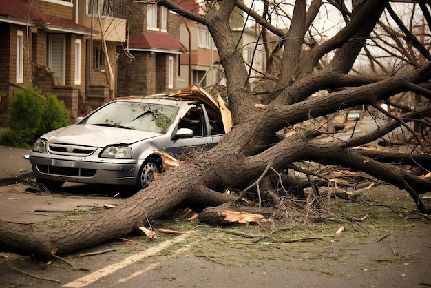 Carro debaixo de uma árvore caída após grande tempestade Generative AI