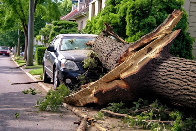 Carro debaixo de uma árvore caída após grande tempestade Generative AI