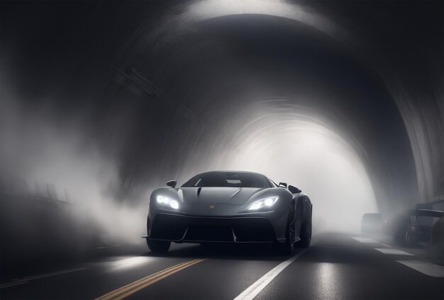 Carro desportivo de luxo a conduzir na estrada num túnel