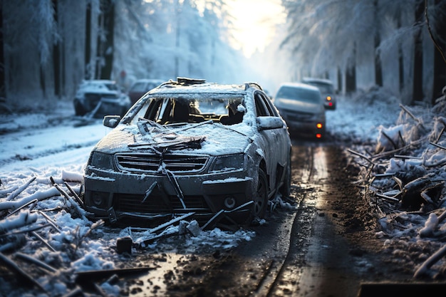 carro destruído em um acidente de carro em uma estrada escorregadia no inverno