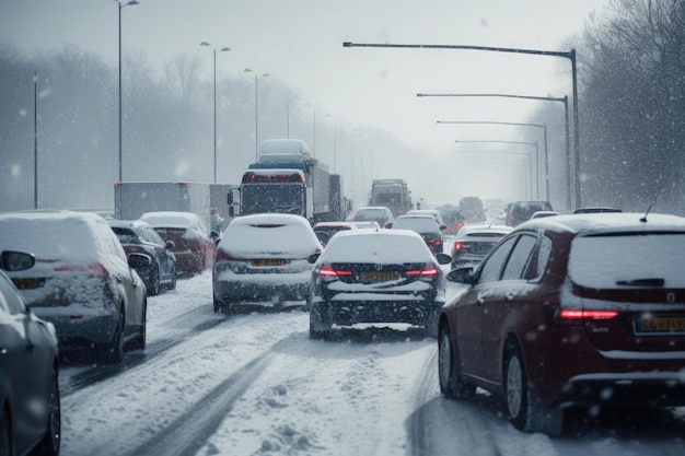 Carro dirigindo em ruas escorregadias e nevadas Acidentes de transporte na temporada de inverno Engarrafamento devido à queda de neve na cidade