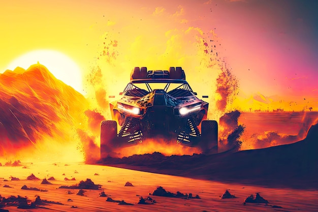 Carro dirigindo offroad contra o pano de fundo do pôr do sol motorsport generative ai