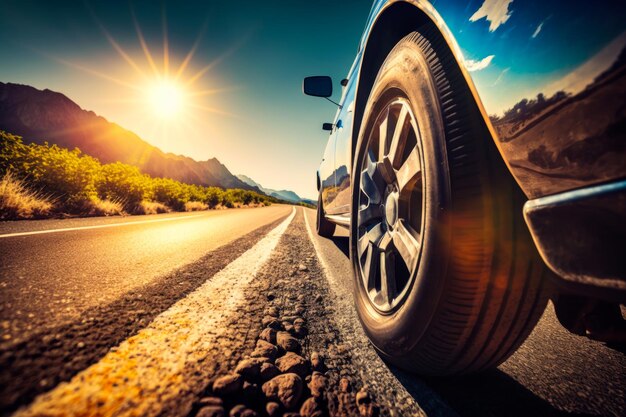 Foto carro dirigindo pela estrada com o sol ao fundo ia generativa