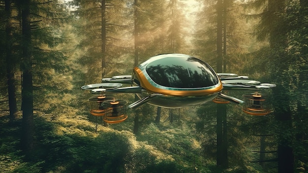 Carro drone futurista voa para a floresta entre as árvores